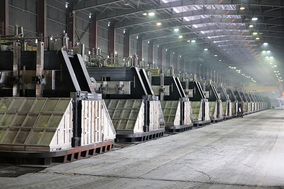 Potline inside an aluminium smelter