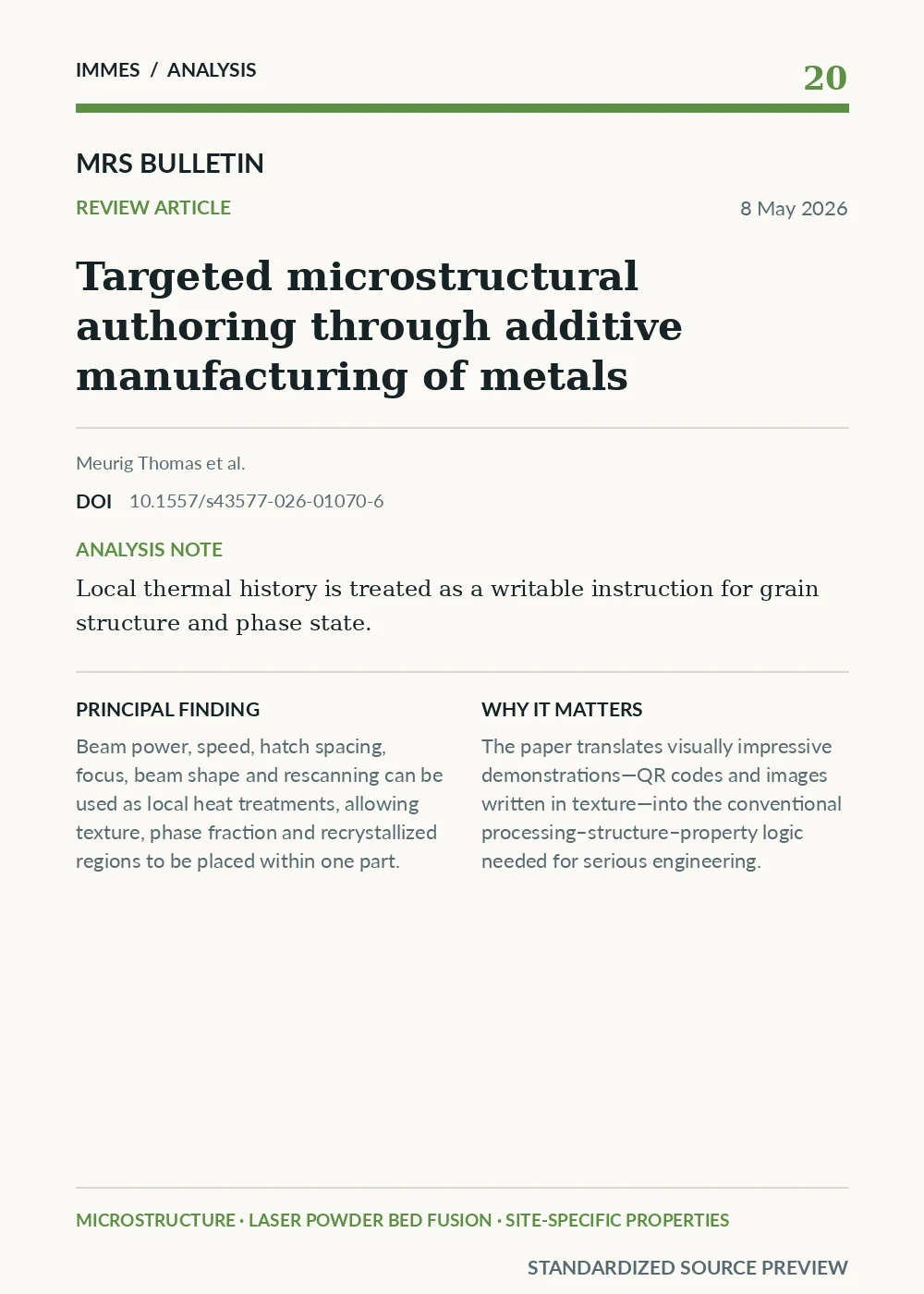 Standardized source preview for Targeted microstructural authoring through additive manufacturing of metals