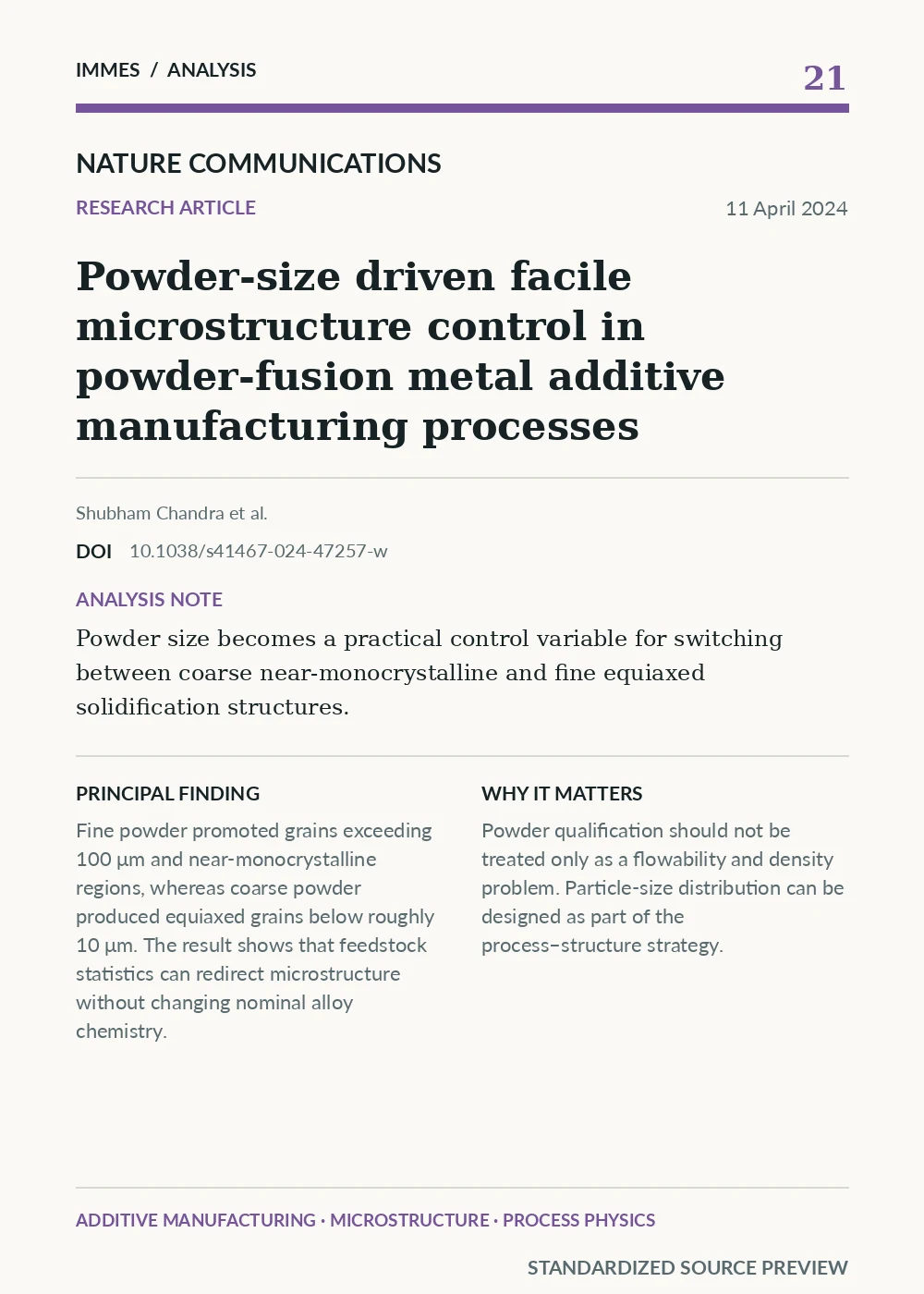 Standardized source preview for Powder-size driven facile microstructure control in powder-fusion metal additive manufacturing processes
