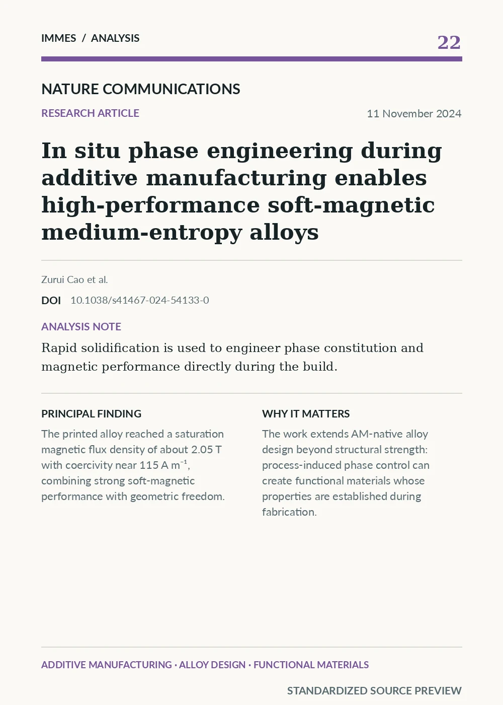 Standardized source preview for In situ phase engineering during additive manufacturing enables high-performance soft-magnetic medium-entropy alloys