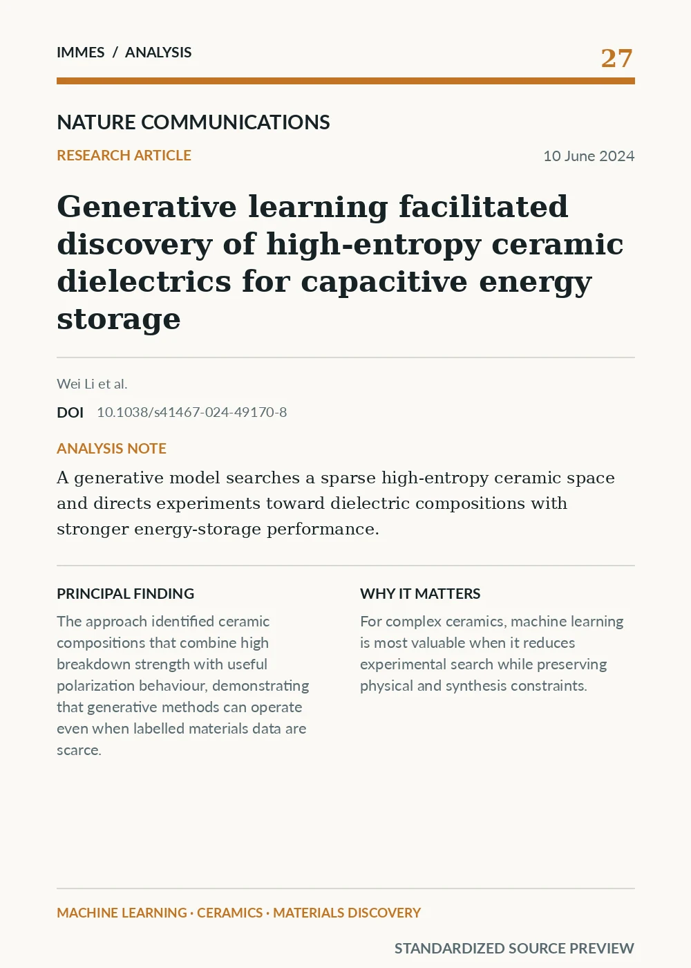 Standardized source preview for Generative learning facilitated discovery of high-entropy ceramic dielectrics for capacitive energy storage