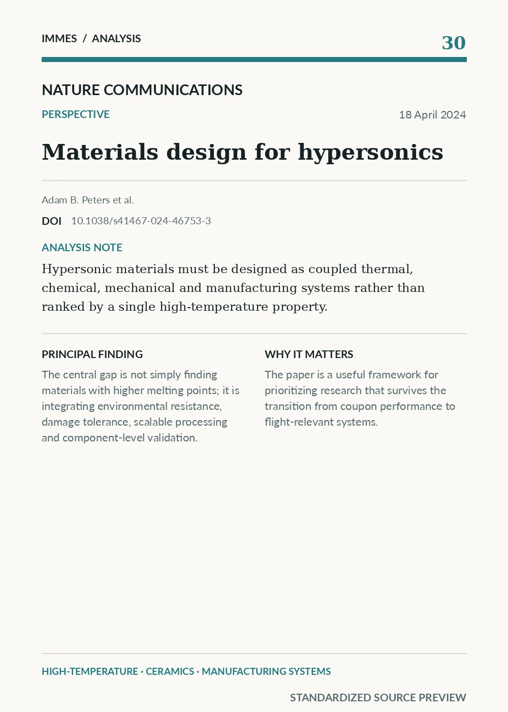 Standardized source preview for Materials design for hypersonics