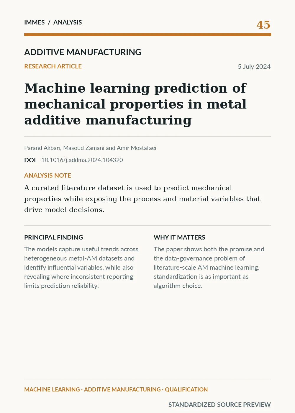 Standardized source preview for Machine learning prediction of mechanical properties in metal additive manufacturing