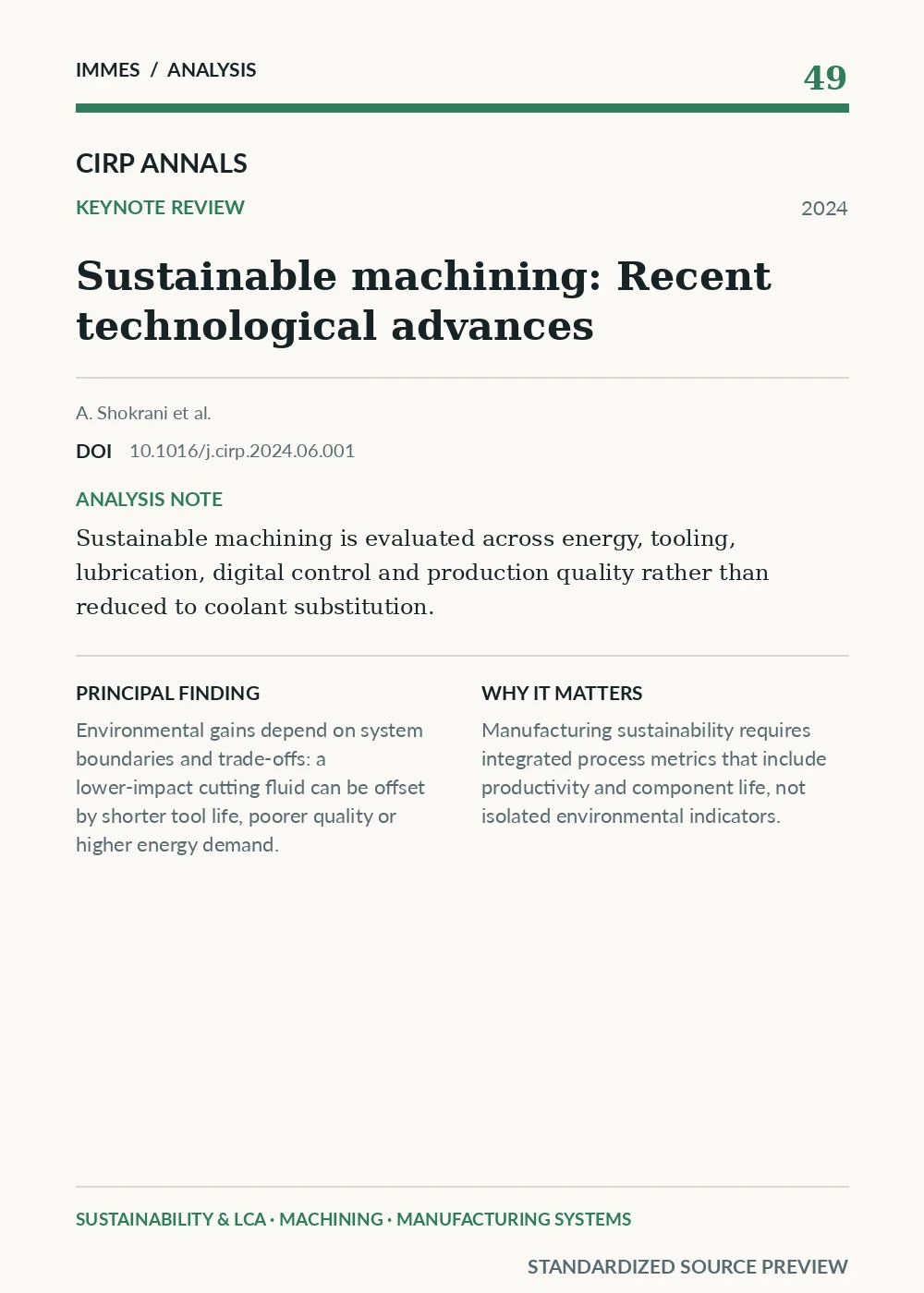 Standardized source preview for Sustainable machining: Recent technological advances