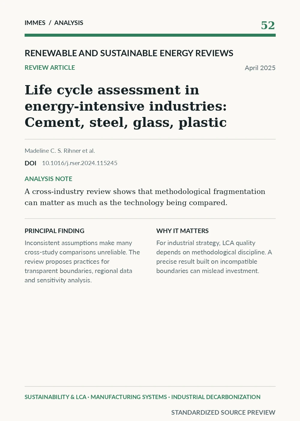 Standardized source preview for Life cycle assessment in energy-intensive industries: Cement, steel, glass, plastic