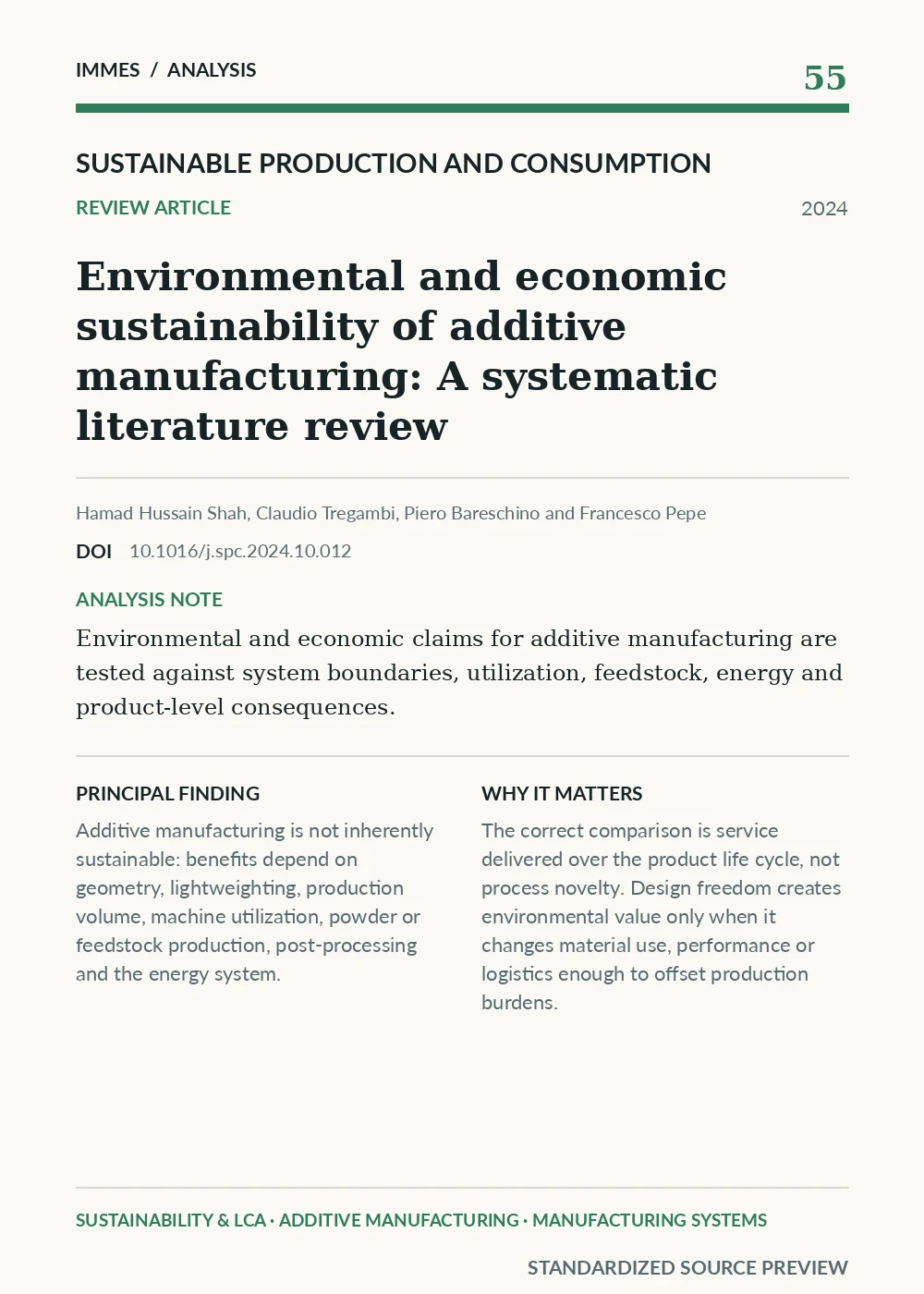 Standardized source preview for Environmental and economic sustainability of additive manufacturing: A systematic literature review